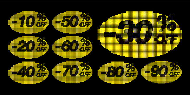Discounts numbers percent in tech pixel art style. Set stickers in rounded shapes - concept for promotional elements, sales campaigns, and digital marketing. Vector illustration.