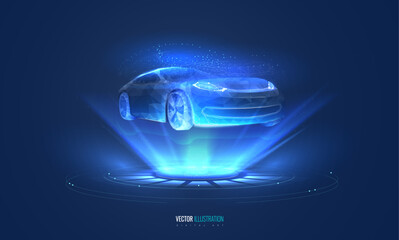 Automotive diagnostics in digital futuristic style. Holographic car concept for technology, innovation, and automotive industry. Vector