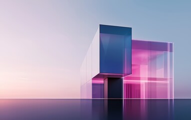 A glowing, minimalist building design with transparent walls, overlaid with holographic architectural plans and futuristic lighting