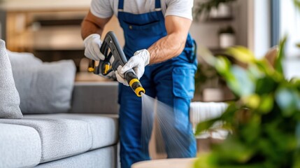 A professional cleaner in blue uniform using a steam cleaner on a gray sofa in a contemporary living area, illustrating precise and meticulous cleaning for a healthy living space.