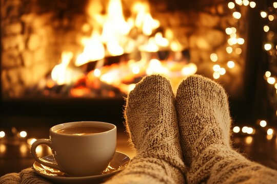 Close-up on feet, warm woollen socks by the Christmas fireplace. Woman relaxes by the warm fire while drinking hot drinks and warming up her feet in woollen socks. Winter and Christmas holidays