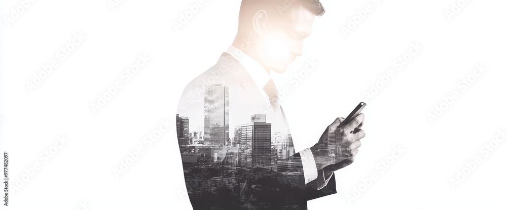 Poster Using smartphones or mobile phone devices on modern cityscape background - Double exposure image of Business Communication Network Technology Concept.