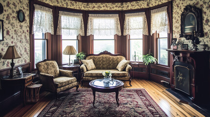 Fototapeta premium A classic Victorian-style sitting room with floral wallpaper, lace curtains, antique lamps, and a polished wooden floor with a Persian rug