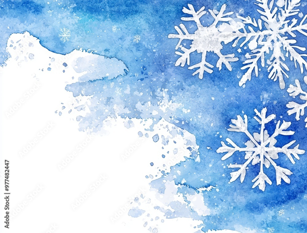 Sticker A winter landscape with watercolor spots of light blue and snowflakes on a white background.