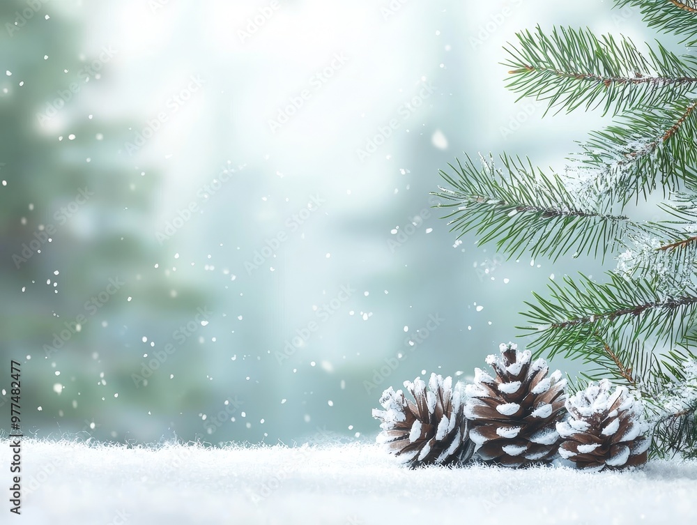 Poster winter forest with snow covered fir trees and snowdrifts. merry christmas and happy new year greetin