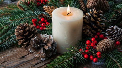 Christmas candle centerpiece surrounded by pine cones red berries and green foliage set on a rustic wooden table.
