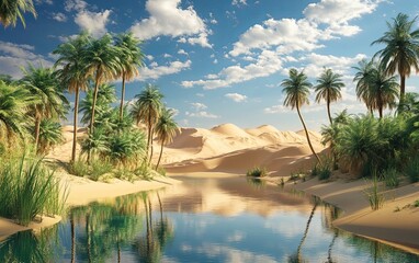 Obraz premium A serene desert landscape featuring palm trees and a tranquil river reflecting the sky.