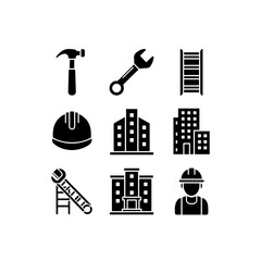 Obraz premium Construction icons set. Flat web icon set construction, home repair tools. Construction vehicle, elements, tools.