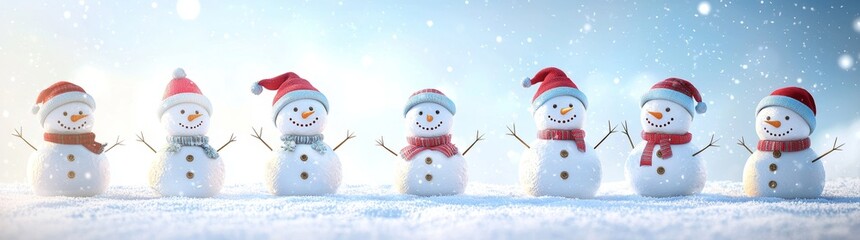 Fototapeta premium This greeting card has a copy space for you to add your own message. The image shows many snowmen standing in a winter Christmas landscape.