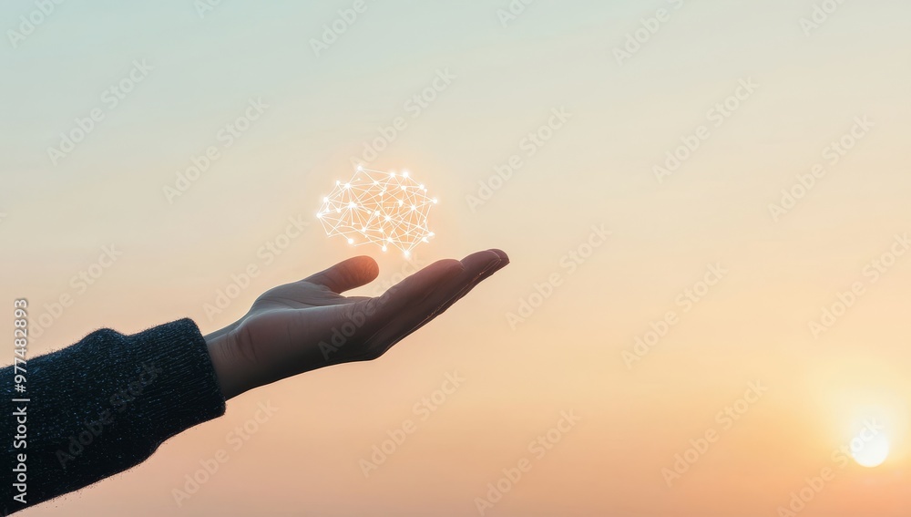 Poster hands holding global network connections, innovative technology in science and communication concept