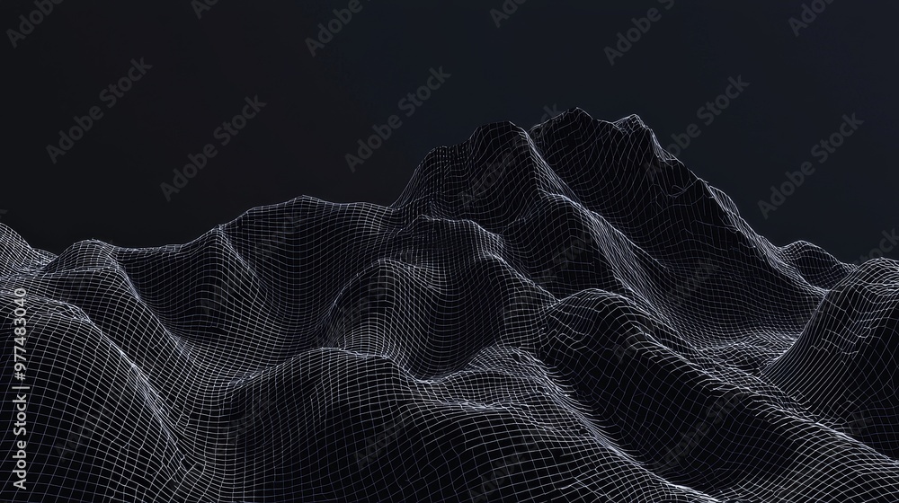 Poster Wireframe landscape background with particles dots and stars. 80s Retro Sci-Fi Background.