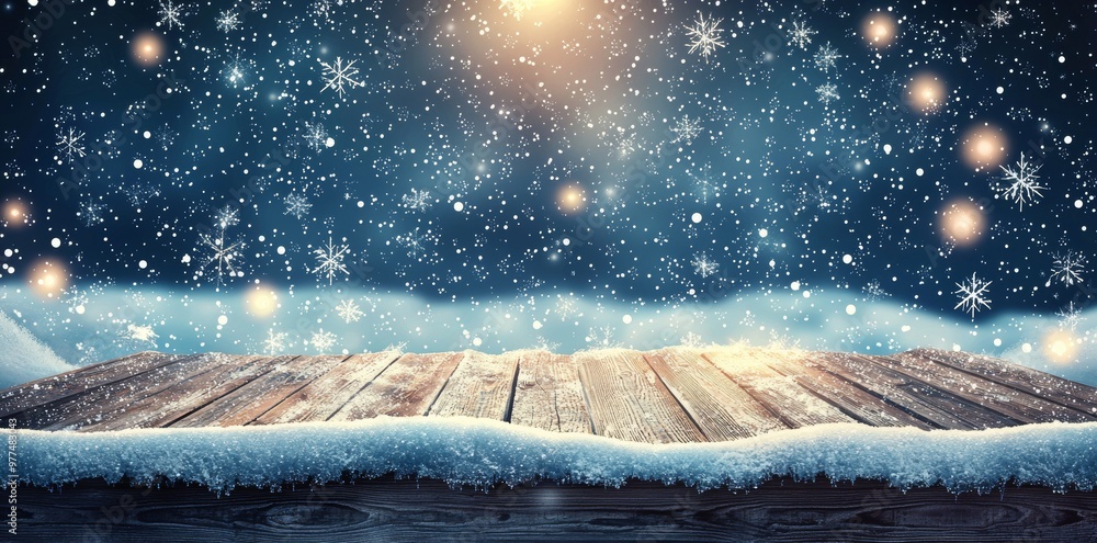 Poster winter display: sparkling snow on a wood plank table with a brilliant explosion background.