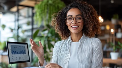 A happy woman with curly hair and glasses enthusiastically explains a concept at her tech-filled office space, embodying creativity and communication skills.