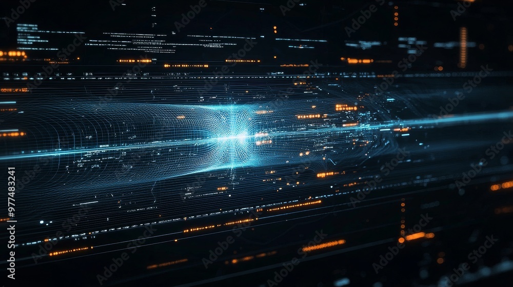 Poster The abstract technology concept of big data. The motion of digital data flow. The transferring of big data. The transfer and storing of data sets. The use of block chains and servers.