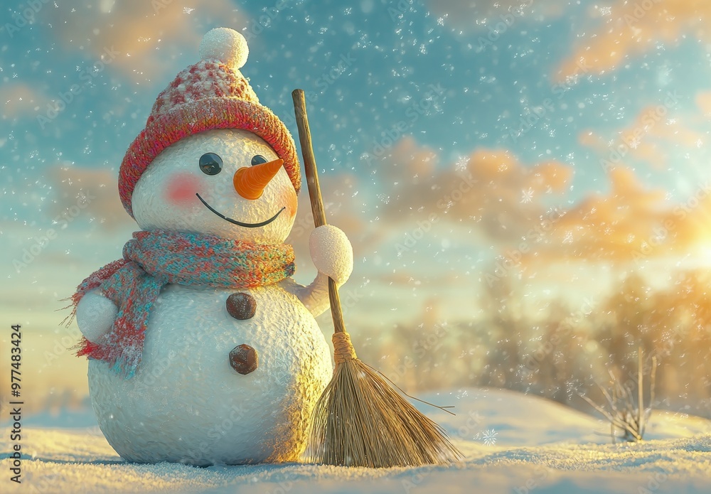 Aufkleber A happy snowman stands in a Christmas landscape with a snow background on a Christmas greeting card with copy space. Winter fairytale with snowfall and happy new year.