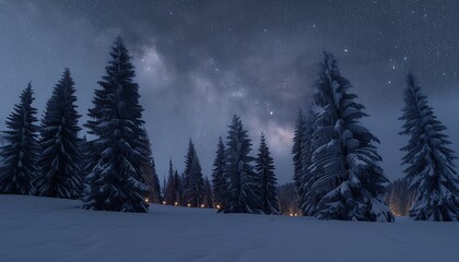 A serene winter landscape of a snow-covered pine forest under a starry night sky a faint glow of Christmas lights