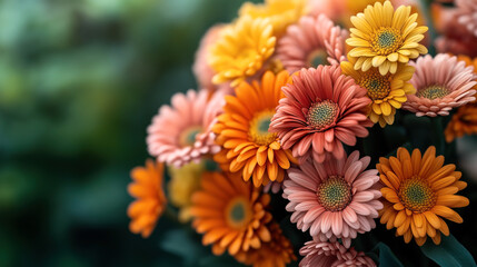 A close-up of a bouquet of vibrant gerbera daisies in shades of orange, yellow, and coral with a soft-focus green background.