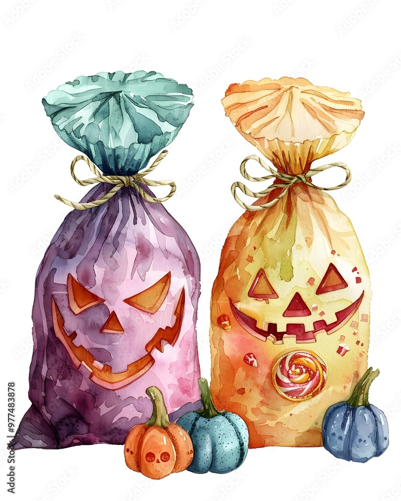 Wall mural Boho Candy bags , with Halloween motifs, watercolor illustration