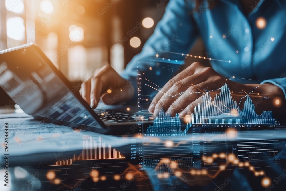 Poster An innovative business analytics concept using Big Data technology. A modern graphic interface displays massive information such as business sale reports, profit charts, and stock market trends.