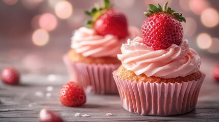 Two strawberry cupcakes on a wooden background bokeh Generative Ai