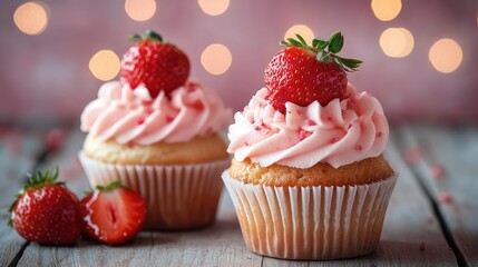 Two strawberry cupcakes on a wooden background bokeh Generative Ai