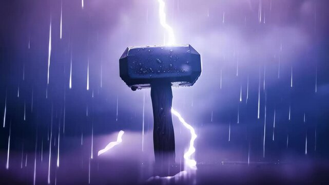 A large, illuminated hammer stands against a stormy sky, with lightning striking nearby in a dramatic scene.