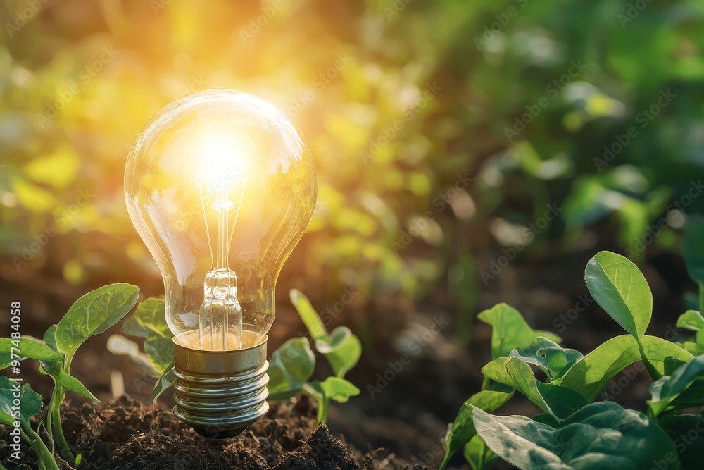 Poster solar powered lightbulb tree with sunlight on soil. concept of the world being saved and energy bein