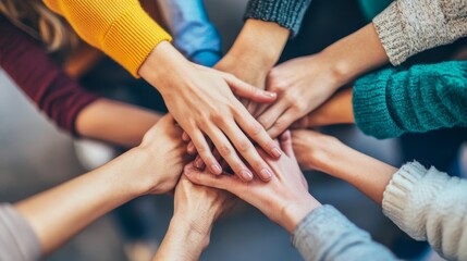 A group of diverse hands coming together in unity, symbolizing teamwork, collaboration, and shared goals in a creative setting.