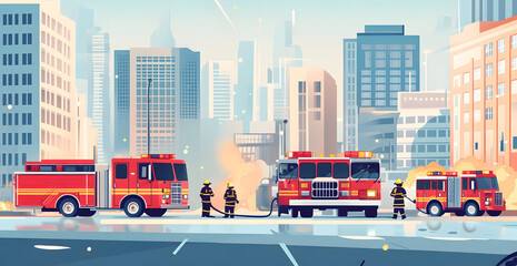Obraz premium Emergency Fire Response Team in Action with Fire Trucks and Ambulances in a Cityscape