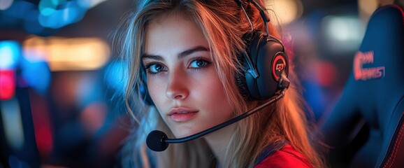 Fototapeta premium Young Woman Gamer Wearing Headphones and Looking at Camera