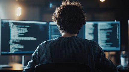 A professional IT programer is working in a data center on a desktop computer with three displays, developing both software and hardware. Displays are displaying concepts related to blockchain and