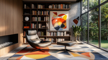 A contemporary home library with geometric shelving, a sleek lounge chair, a cozy rug, and modern...