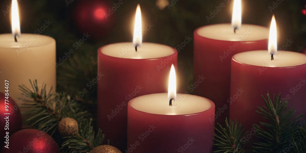 Wall mural Christmas Candles and Ornaments.Lit candles next to decorative leaves in close up shot