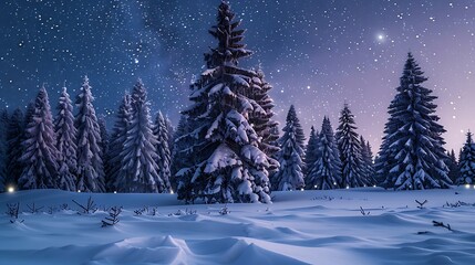 A snow-covered pine forest under a starry night sky with a faint glow of Christmas lights in the distance.