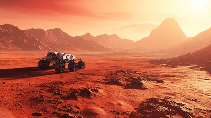 A futuristic rover exploring the rocky, red terrain of Mars under a warm, glowing sky.
