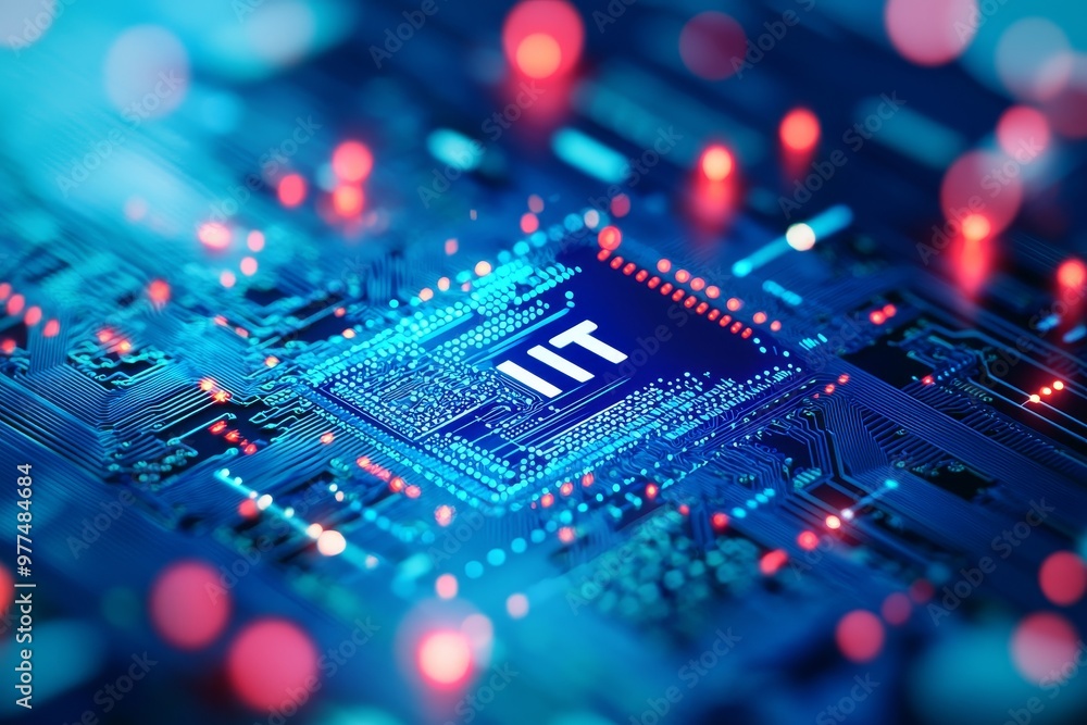 Poster technology concept with integrated circuit and tech icons illustrated. futuristic background.