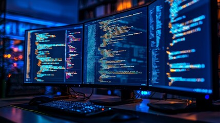 A close up of multiple computer monitors displaying a coding language program along with a monitoring interface. In the background, a data center with servers is visible.