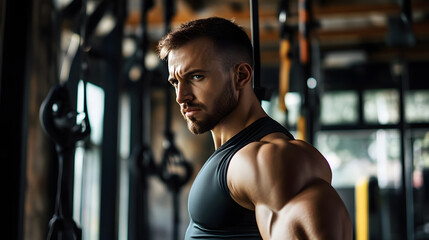 A man in a gym lifts weights, focused and determined, surrounded by exercise equipment