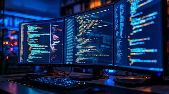 A close up of multiple computer monitors displaying a coding language program along with a monitoring interface. In the background, a data center with servers is visible.