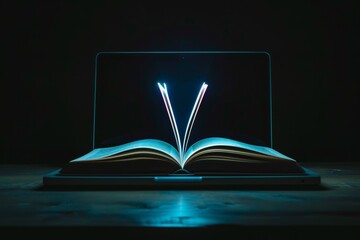 Laptop screen displays a 3D hologram of a glowing book on a dark background.