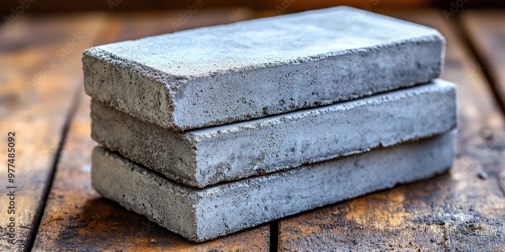 Poster stacked concrete blocks resting on a wooden table in soft natural light