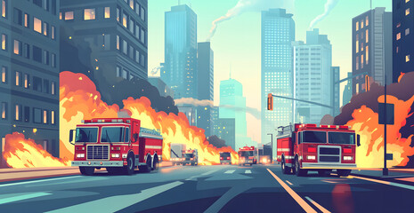 Obraz premium Emergency Fire Response Team in Action with Fire Trucks and Ambulances in a Cityscape