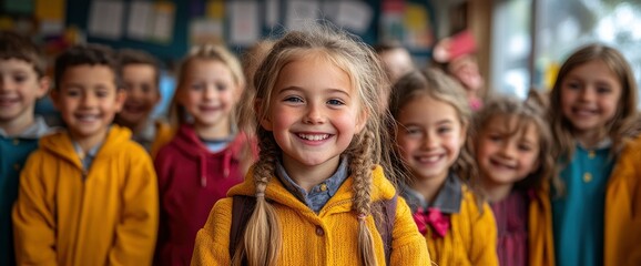Obraz premium Happy School Children Standing In Line