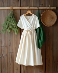 A chic, ivory dress elegantly displayed on a wooden rack with greenery and a green shawl, perfect for a fashion look or styling.