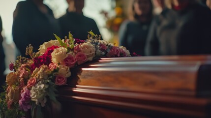 A wooden casket with flowers on it