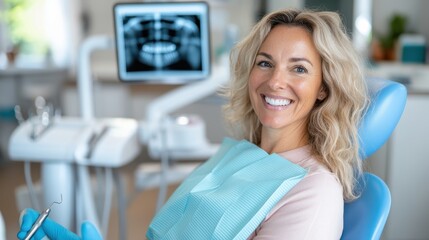 A woman joyfully awaits her dental checkup in a bright clinic, smiling at the dentist, highlighting a relaxed and pleasant healthcare experience.