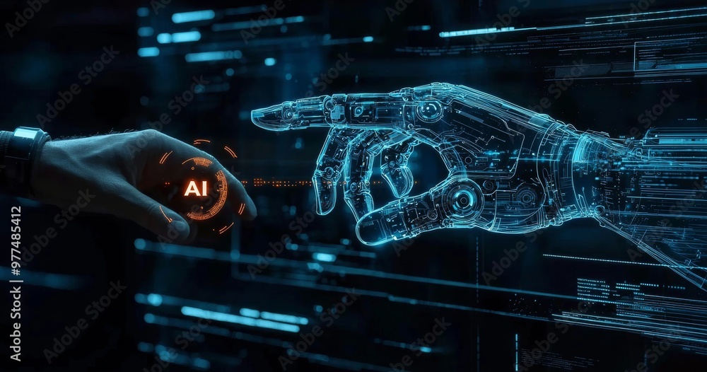 Poster stock, machine learning, hands of robots and humans touching huge data networks, stock market techno