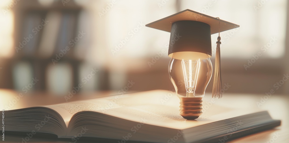 Leinwandbilder school and university concept with open book with light bulb and graduation cap on blackboard.
