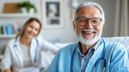 An elderly doctor, full of wisdom and warmth, smiles in a modern medical office setting, conveying feelings of trust, care, and professionalism in healthcare.