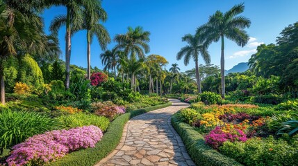 Obraz premium 3. A sprawling botanical garden with towering tropical palms, vibrant flowers, and winding stone pathways under a clear blue sky
